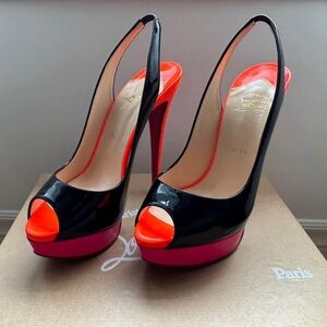 Christian Louboutin Black and Orange Peep-Toe Heels lady peep sling back